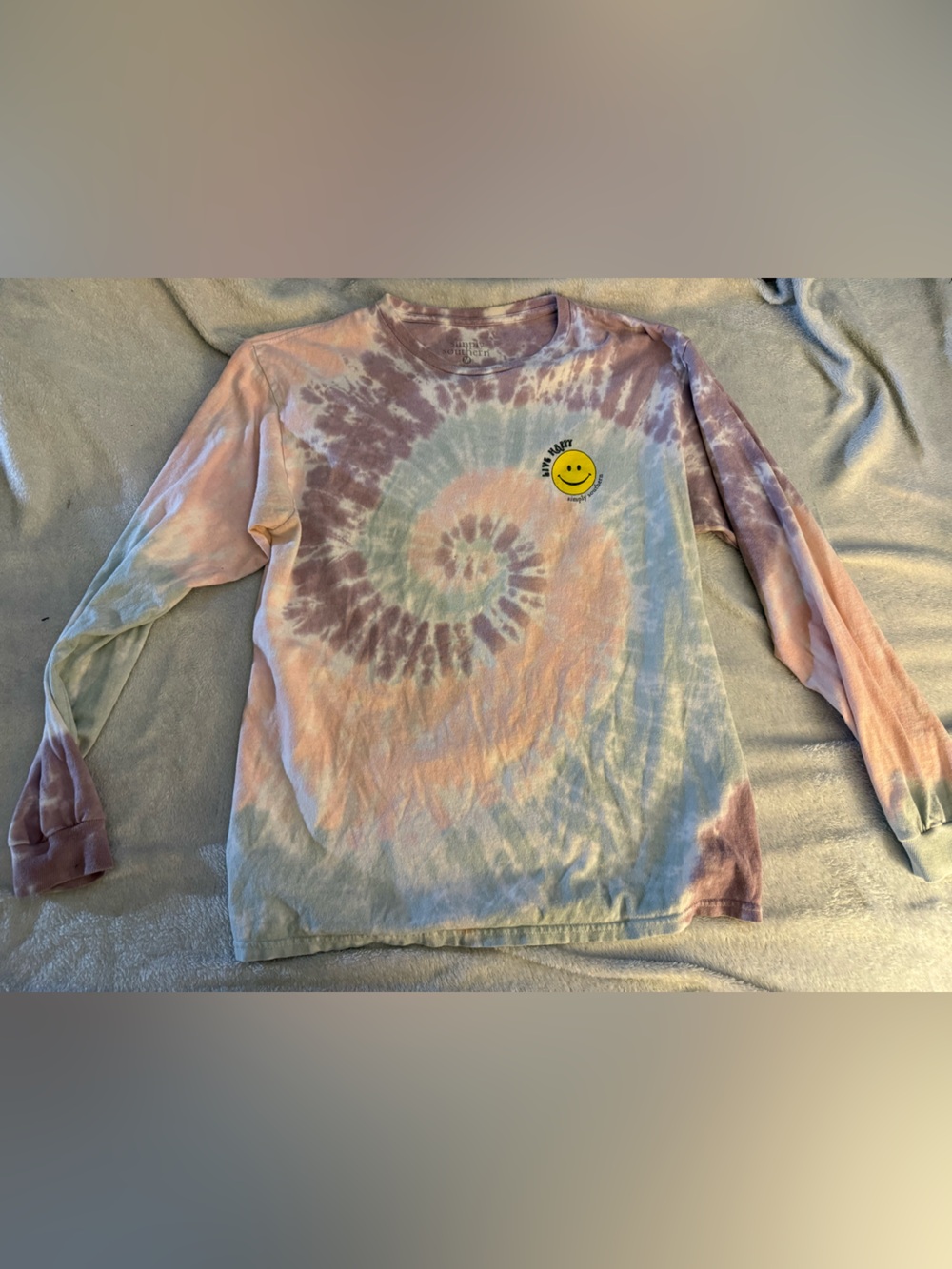 Tie-Dye Long Sleeve Tee with Smiley Patch - Pastel Multicolor